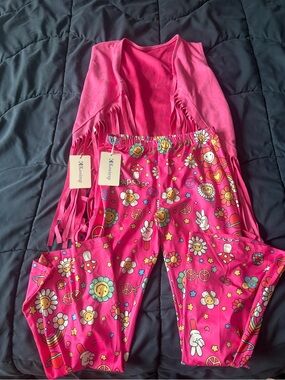 Kids Pink Fringe Vest & Floral Peace Jogger Set